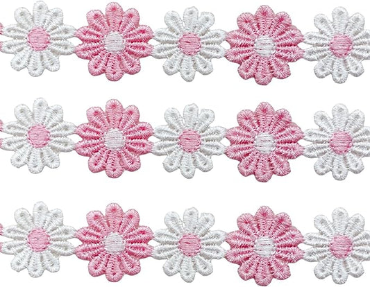 15 Yards Daisy Flower Lace Trim Embroidered Floral Lace Sewing Trim Ribbons for Embellishment Craft Dress Hair Accessories Decorations(White/Pink)