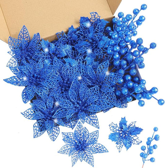 Zhuqing 22Pcs Christmas Poinsettia Artificial Flowers and Glitter Berries Stems Kit, 16Pcs Christmas Tree Flowers Ornaments and 6 Pack Christmas Tree Picks for Wedding Holiday Decorations (Royal Blue)