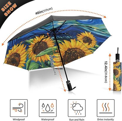 Automatic Folding Umbrella Windproof Strong, UV Protection Compact Floral Hydrangea Hummingbird Sun Rain Sun Rain Travel Umbrellas for Women Men