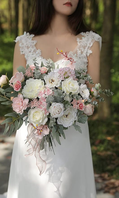 Artificial Flowers Combo Silk Mix Fake Flowers Leaf for DIY Wedding Bouquets Floral Centerpieces for Tables Party Baby Shower Home Decorations(Pink White)