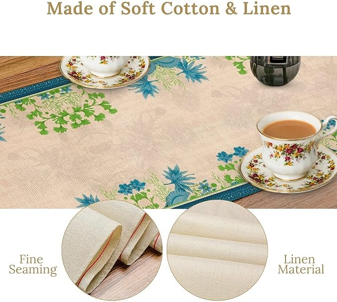 Vintage Floral Table Runner, Elegant Blue Flowers Nature Design Table Runner for Kitchen Dining Holiday Party Home Decoration, 13x108 Inch