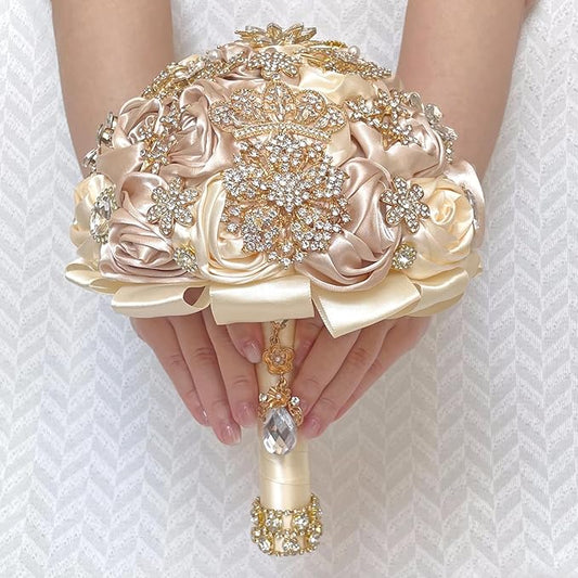 Handmade Satin Rose Floral Bling Pearl Decor Bridal Wedding Bouquet Rhinestone Pendant Artificial Brooch Flowers for Bride Bridesmaid Quinceanera