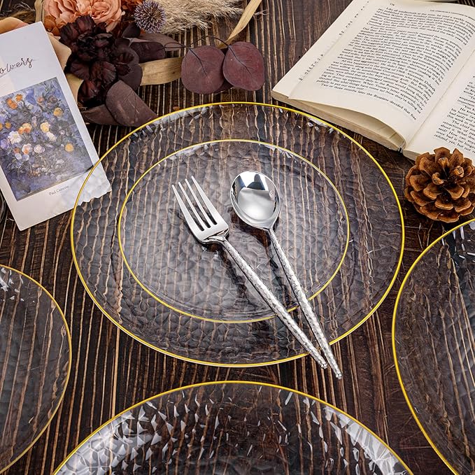 Rubtlamp 90Pcs Christmas Silver Plastic Silverware, Hammered Christmas Disposable Silverware,Silver Plastic Forks And Spoons, Fancy Plastic Cultery Include 30 Forks, 30 Knives And 30 Spoons for Party