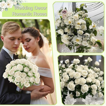 50Pcs White Roses Artificial Flowers Fake Roses Faux Velvet Silk Flower for Home Wedding Decoration (Pearl Rose, White)