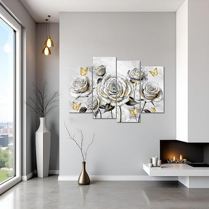 sechars Rose Wall Art Decor Grey and Gold Floral Pictures Painting Flower with Butterflies Canvas Prints Framed