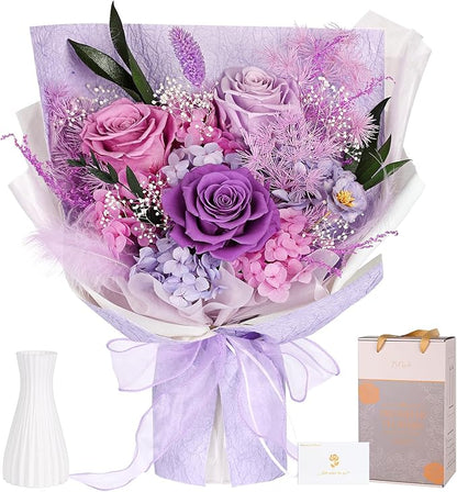 Preserved Bouquet of Flowers - 3 Roses & Flowers for Delivery, Long-Lasting Real Lavender Forever Flowers, Eternal Roses Bouquet for Mothers, Mom, Wife Anniversary Birthday Gifts for Women