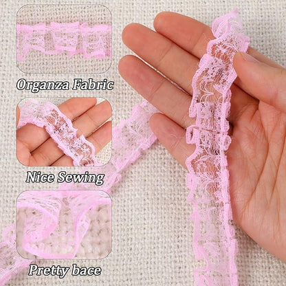 10 Yards Pleated Organza Pink Lace Edge Gathered Mesh Trim Ribbon 0.9 Inches Vintage Edging Trimmings Fabric Laces Trim Sewing Crafts Lace for Gift Wrapping Dress Decoration Wedding Bouquet