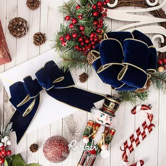 Ribbli Navy Velvet Wired Ribbon 2.5 Inch Luxury Matte Velvet Christmas Ribbon for Gift Wrapping Christmas Tree Decoration Crafts Wreaths Supplies - 10 Yards