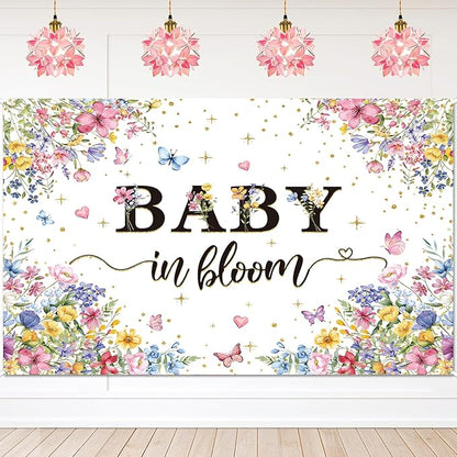 Baby in Bloom Backdrop Wildflower Baby Shower Party Photography Background Spring Floral Gold Glitter Butterfly Banner for Girls Baby Shower Newborn Birthday Party Decorations (94X70 inch (8x6FT))