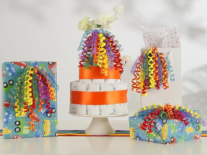 HUIHUANG Birthday Bows for Gift Wrapping 7" Rainbow Curly Gift Bows with Self Adhesive & Twist Tie Ribbon Bow for Presents Gift Basket Birthday Pride Month Party Favors - 6 Counts