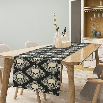 Gothic Table Runner,Dark Skull Pattern Table Runner for Home Kitchen Table Dining Garden Farmhouse Wedding Party Deco 13x108 Inch