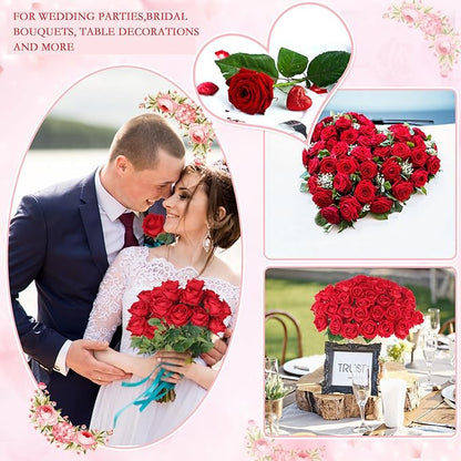 Hananona 50 Pcs Artificial Roses in Bulk, Fake Silk Red Roses Realistic Roses for Wedding Centerpieces Flower Arrangement Home Decor (50, Red)