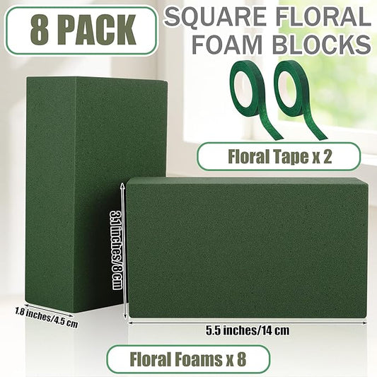 Aneco 8 Pieces Floral Foam Blocks with 2 Rolls Floral Tape 5.5''L x 3.1''W x 1.8''H Green Square Flower Foams Flower Arrangements Supplies for Dry & Wet Flower Wedding Home Decor and DIY Crafts