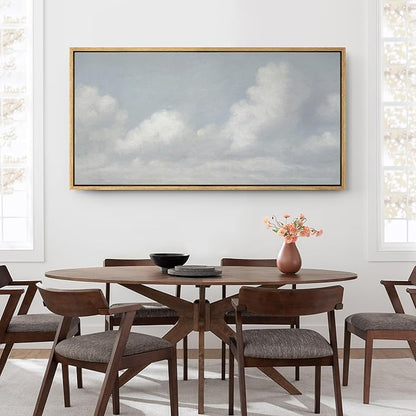 SIGNFORD Extra Large Framed Canvas Print Wall Art Blue Sky with Fluffy Clouds Tranquil Minimal Sky Scene Illustrations Modern Art Relax/Calm Warm for Living Room, Bedroom, Office - 60"x30"