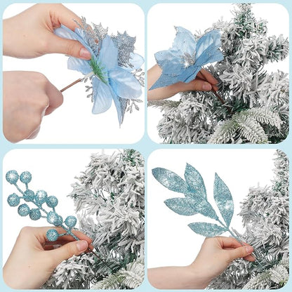 60 Pcs Christmas Glitter Branches 6 Styles Artificial Christmas Picks Berries Stems Poinsettia Flowers Pine Needles Floral Twig Spray for Xmas Tree Ornaments DIY Wreath Garland(Light Blue)