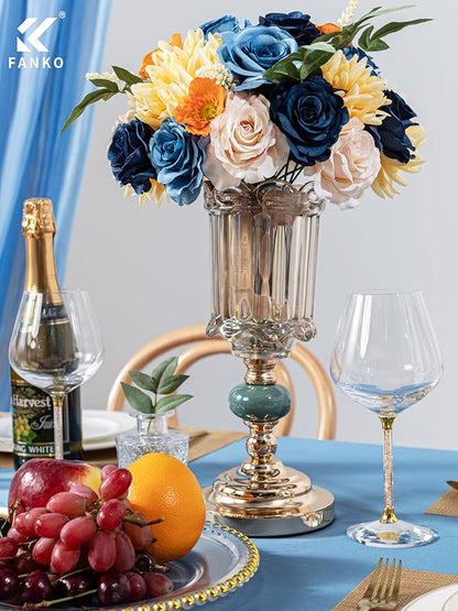 FANKO Artificial Flowers Navy Blue Rose, Mixed Fake Silk Flowers Combo Cream Rose Yellow Chrysanthemum Vintage Assorted Blooms for DIY Wedding Bridal Bouquets/Centerpieces/Home Decor