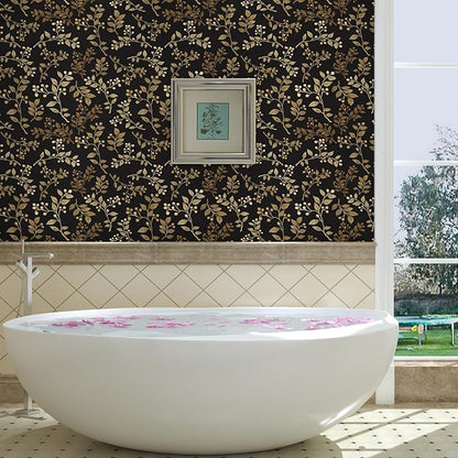 Extra Long Dark Floral Peel and Stick Wallpaper 17.5In x 32.8Ft, Vintage Self-Adhesive Contact Paper for Bedroom Stair Shelves Drawer – Boho Removable Vinyl Leaf Wall Paper in Black and Gold