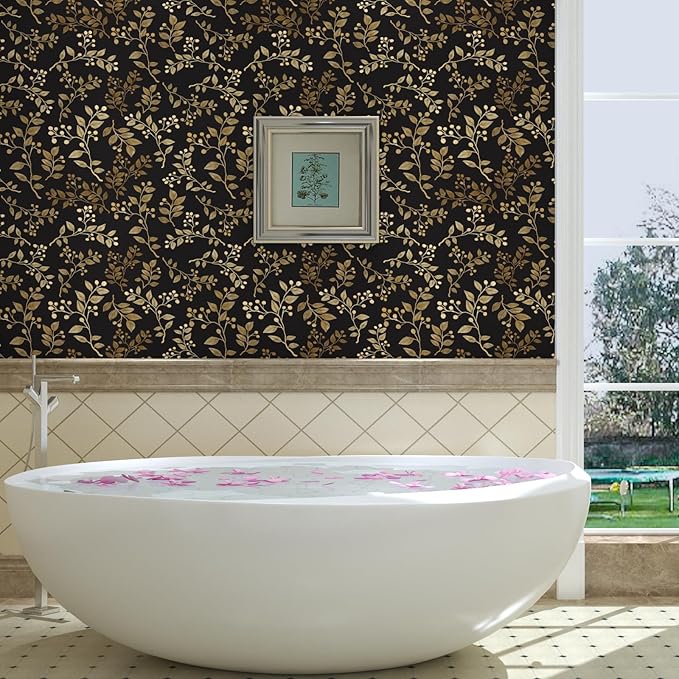 Dark Floral Peel and Stick Wallpaper, Vintage Gold Leaf Self-Adhesive Contact Paper for Bedroom Stair Shelves Drawer, Modern Black Yellow Gold Vinyl Removable Wallpapers 17.5In x 9.8Ft