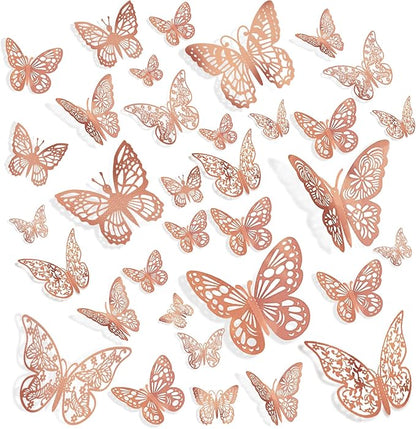 144 Pcs Rose Gold Butterfly Stickers 3D Butterflies Wall Decals Glitter 6 Styles and 3 Sizes Decorative Wall Stickers Butterfly Party Decorations, Butterflies for Cake Decorating