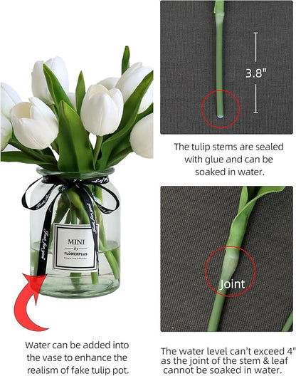 10pcs Fake Faux Tulips in Vase,Silk White Tulipanes Tulips Artificial Flowers Real Touch Arrangements with Vase for Desk Table Decoration Home Decor