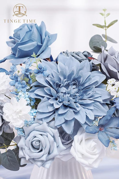 TINGE TIME Artificial Flowers Dusty Blue Flower Combo for DIY Wedding Bouquets Table Centerpieces Arrangements Party Baby Shower Home Decorations