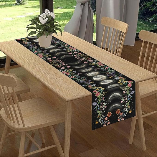 Boho Floral Table Runner, Spring Gothic Moon Phase Wildflower Mystical Witchy Farmhouse Coffee Table Center Decor for Home Kitchen Dining Patio Holiday Party Table Decorations 13x36 inches