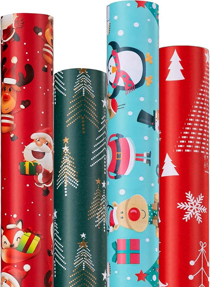 Christmas Wrapping Paper (4 Rolls, 93 sq. ft. ttl): Funny Snowmen, Snowflakes, Reindeer, Bear, Christmas Trees and Santa Claus with Gifts Design for Holiday Gift Wrap- 17 Inches x 16.5 Feet Per Roll
