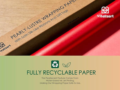 Vitalizart Red Wrapping Paper Set 30" Pearly-Lustre With Silk Like Satin Ribbon & Gift Tags Recyclable Christmas Gift Wrapping Birthday Baby Shower Wedding Handmade Crafts 197"(16.4 Ft)