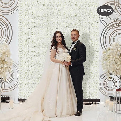 Flower Wall Panels, 10Pcs Artificial Flower Wall 3D Flower Wall Backdrop White Silk Rose Floral Decorative Faux Flower Wall Background for Wedding Home (White,15.7 * 23.6 in)