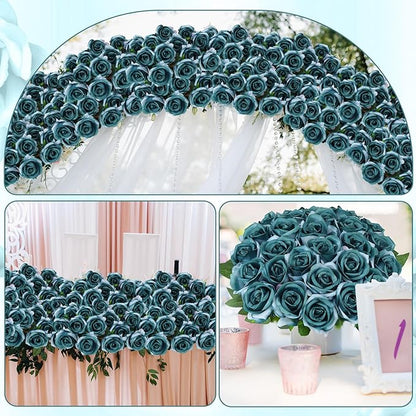 80 Pcs Roses Artificial Flowers, Silk Gradient Blue-Green Artificial Flowers Petals Long Stem Roses for Wedding Bouquet Home Party Decor