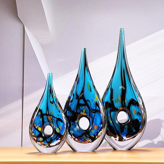 Luxury Lane Hand Blown Abstract Hollow Blue Tear Drop Sommerso Art Glass Sculpture for Home Decor 8.5 inch Tall Centerpiece Table Decoration