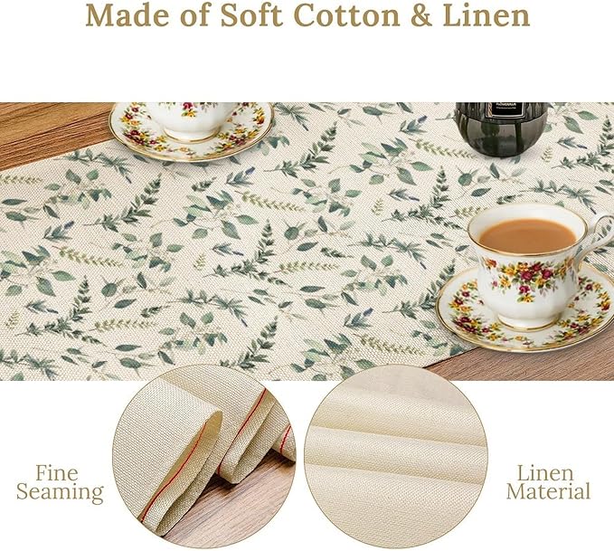 Watercolor Leaf Table Runner, Green Botanical Leaves Nature Decor Table Runner for Kitchen Dining Party Picnic Decoration, 13x120 Inch