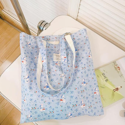 Cotton Canvas Tote Bag Reusable Soft Grocery Cloth Bag Floral Shoulder Bag for Beach Travel Shopping