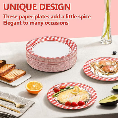 100 PCS Red and White Checkered Plates, Disposable 7 Inch Plaid Paper Dessert Plates, Dinnerware Set for Camp Barbecues, Bachelorette, Birthday Party Thanksgiving Christmas Decor, Serves 100 Guests