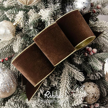 Ribbli Brown Velvet Wired Ribbon 4 Inch Luxury Matte Velvet Christmas Ribbon for Gift Wrapping Christmas Tree Decoration Crafts Wreaths Supplies - 10 Yards