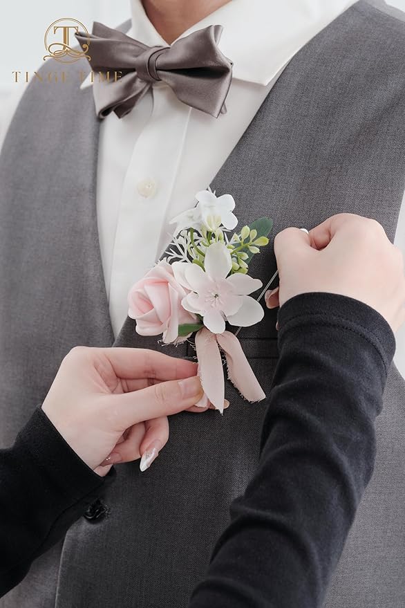 TINGE TIME Boutonniere for Men Wedding,Groom and Best Man Boutonniere for Wedding Ceremony Anniversary, Formal Dinner Party and Rustic Spring Wedding Marriage (2, Pink)