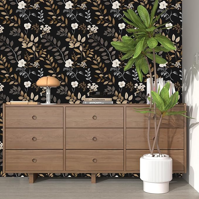 Vintage Wallpaper Peel and Stick Black Floral Wall paper 17.5'' x 393'' Gold Leaf Contact Paper Waterproof Self Adhesive Removable Modern Boho Walls Murals for Bedroom Cabinets Kitchen Locker Drawer