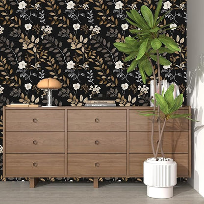 Vintage Wallpaper Peel and Stick Black Floral Wall paper 17.5'' x 393'' Gold Leaf Contact Paper Waterproof Self Adhesive Removable Modern Boho Walls Murals for Bedroom Cabinets Kitchen Locker Drawer