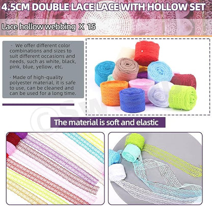Swpeet 15 Rolls in Total 165 Yards 4.5cm×11 Yards Colorful Lace Ribbon Bilateral Floral Pattern Fabric, Vintage Trim Ribbon Crafting Lace for Decorating, Gift Wrapping