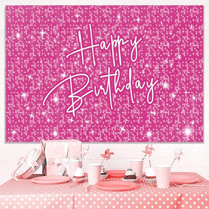Happy Birthday Decoration for Women Shiny Pink Neon Party Backdrop Glitter Banner for Girl Princess Party Table Wall Decorations Pink Sparkle Birthday Photo Booth Studio Background 7x5ft