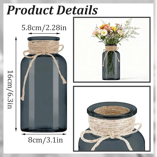 Vintage Glass Flower Vase，3 Pack Farmhouse Black Glass Centerpiece Vases Mason Jars for Weddings, Parties & Home Decor Bulk (3, Black)