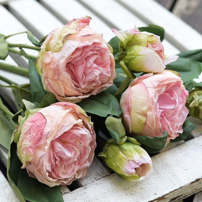FiveSeasonStuff Vintage Blush Pink Peonies – Realistic Artificial Silk Flowers with Dry-Look Petals, 6 Stems for Rustic Home & Wedding Bridesmaids Bouquet Bridal Showers