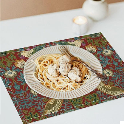 William Morris Floral Placemats Set of 4, Vintage Flower Strawberry Birds Red Place Mats, Heat Resistant Non Slip Cotton Linen Dining Table Mats for Home Kitchen Party 18x12 Inch