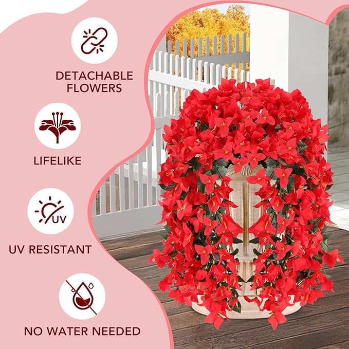 Artificial Bougainvillea Flowers for Outdoor Plant,12 pcs Faux Hanging Flowers Bougainvillea for Outside Decoration,Fake Silk UV Resistant Vines for Front Door Porch(Red)