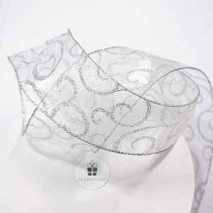 CT CRAFT LLC Organza with Silver Glitter Swirls Wired Ribbon 2.5 inch x 50 Yards for Christmas Home Decor Tree Topper Bow Gift Wrapping DIY Crafts Wreath Garland Wedding