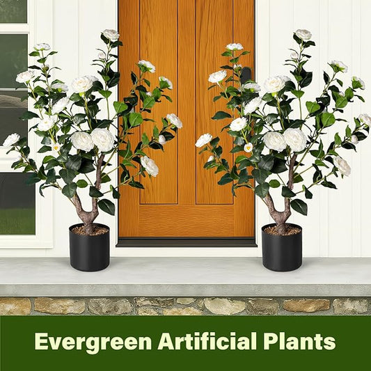 Artificial Camellia Tree,2Pack 3FT Faux White Camellia Plants in Pots,Lifelike Artificial Flower Trees for Indoor Outdoor Home Decor,Realistic Blooming Faux Plants for Bedroom Porch Patio Office