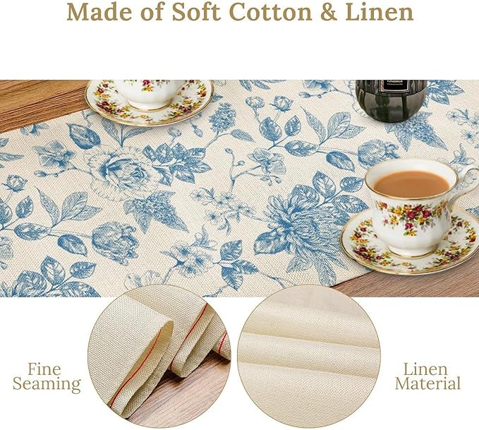 Blue Floral Table Runner, Spring Summer Sketch Wildflower Vintage Country Farmhouse Coffee Table Center Decor for Home Kitchen Dining Patio Holiday Party Table Decorations 13x72 inches