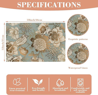 Placemats Set of 4 Retro Peony Bird and Butterfly Table Mats Linen Place Mats for Dining Kitchen Country Camp Farmhouse Decor 12x18 Inch