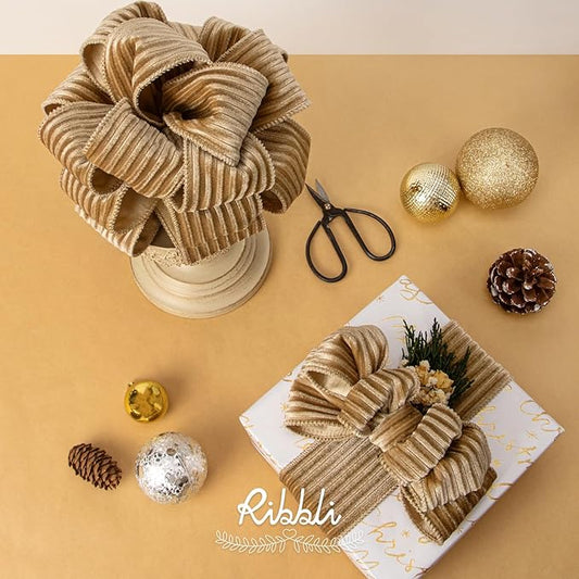 Ribbli Glossy Khaki Velvet Wired Ribbon 2.5 Inch Striped Velvet Christmas Ribbon for Gift Wrapping Christmas Tree Decoration Crafts Wreaths Supplies-Continuous 10 Yards