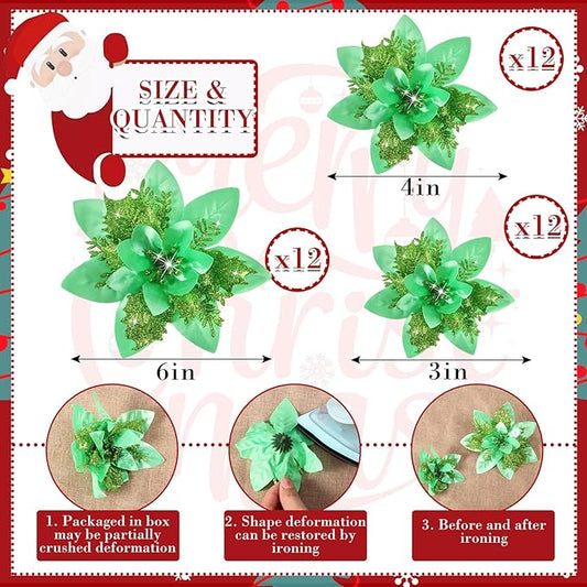 Geosar 36 Pcs Christmas Glitter Artificial Poinsettia Flowers Xmas Poinsettia Artificial Wedding Flowers Decorations Xmas Tree Ornaments with Clips for Party, 6 Inch, 4 Inch, 3 Inch(Emerald Green)